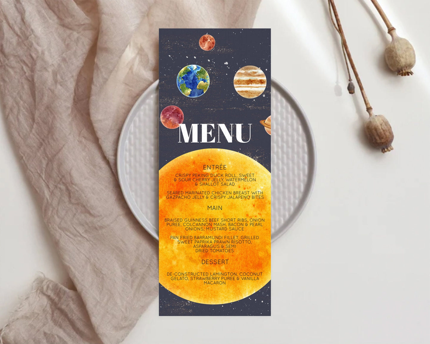 Space Menu Space Menu Template First Trip Around the Sun Table Decor Planets Solar System ONE year Food Menu Dinner Dessert Menu D10430