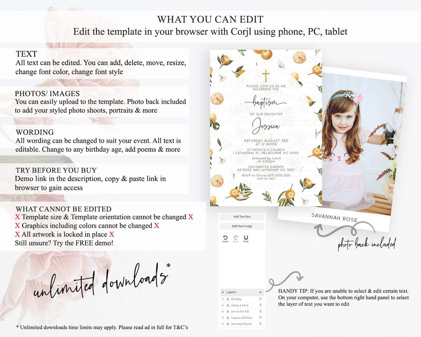 Citrus Baptism Invitation Lemon Orange Baptism 1st Birthday Invitation Citrus Garden Christening Invitation Citrus Floral Religious D10545