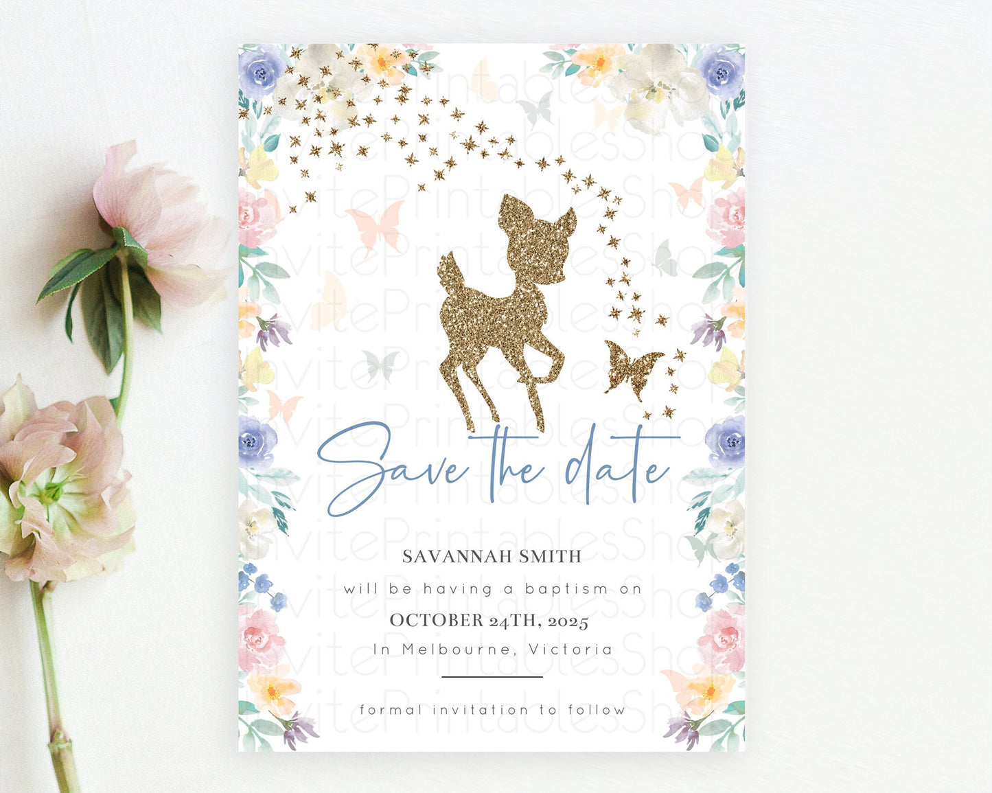 Fawn Deer Save The Date Template Pastel Floral Deer Enchanted Forest Butterfly Party 1st Birthday Baptism Baby Shower Bridal Shower D10878