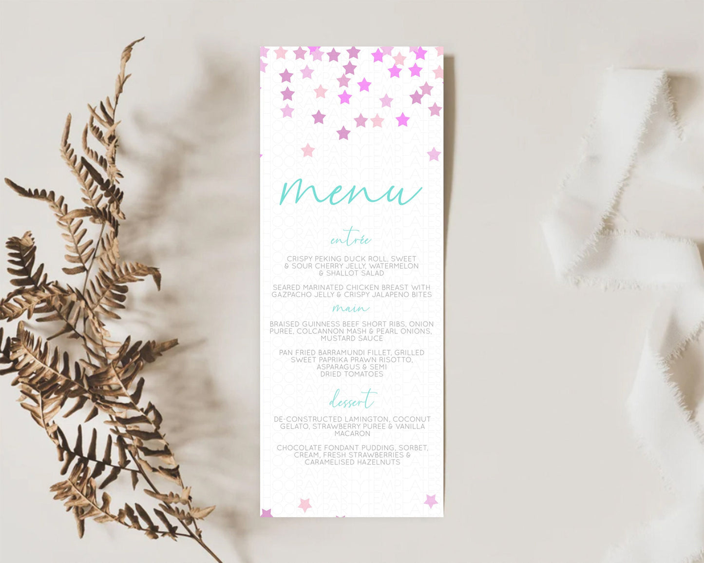 Star Menu Template Pastel Stars Menu Shooting Star Twinkle Little Star Decor Rainbow Colorful Confetti Dinner Dessert Food Menu D10403