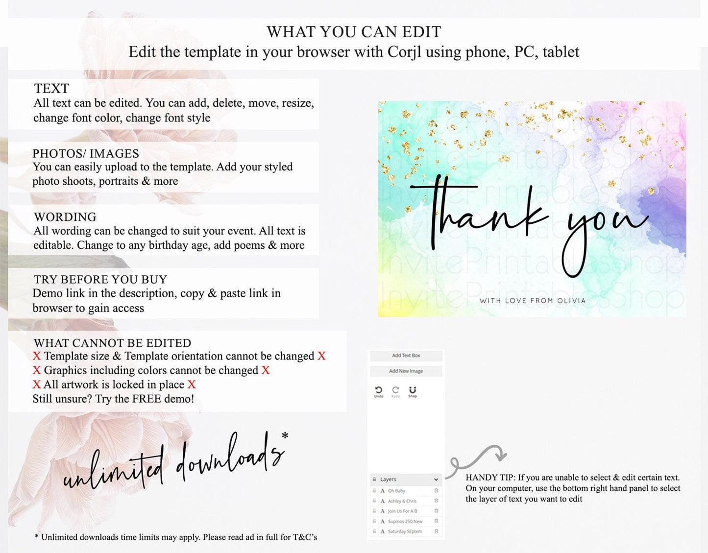Pastel Thank You Rainbow Thank You Card Colorful Pastel Birthday Thank You Card Confetti Watercolor Pastel Teacher Thank You Cards D10158