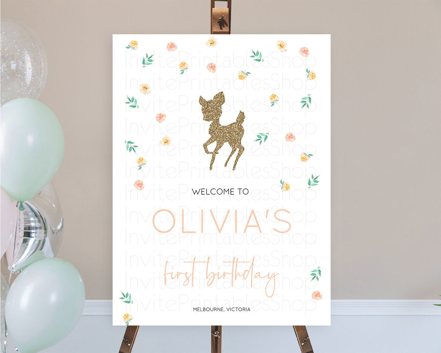 Fawn Welcome Sign Deer Welcome Board Floral Deer Welcome Poster Enchanted Forest Butterfly Pastel Floral First Birthday Welcome Sign D10355