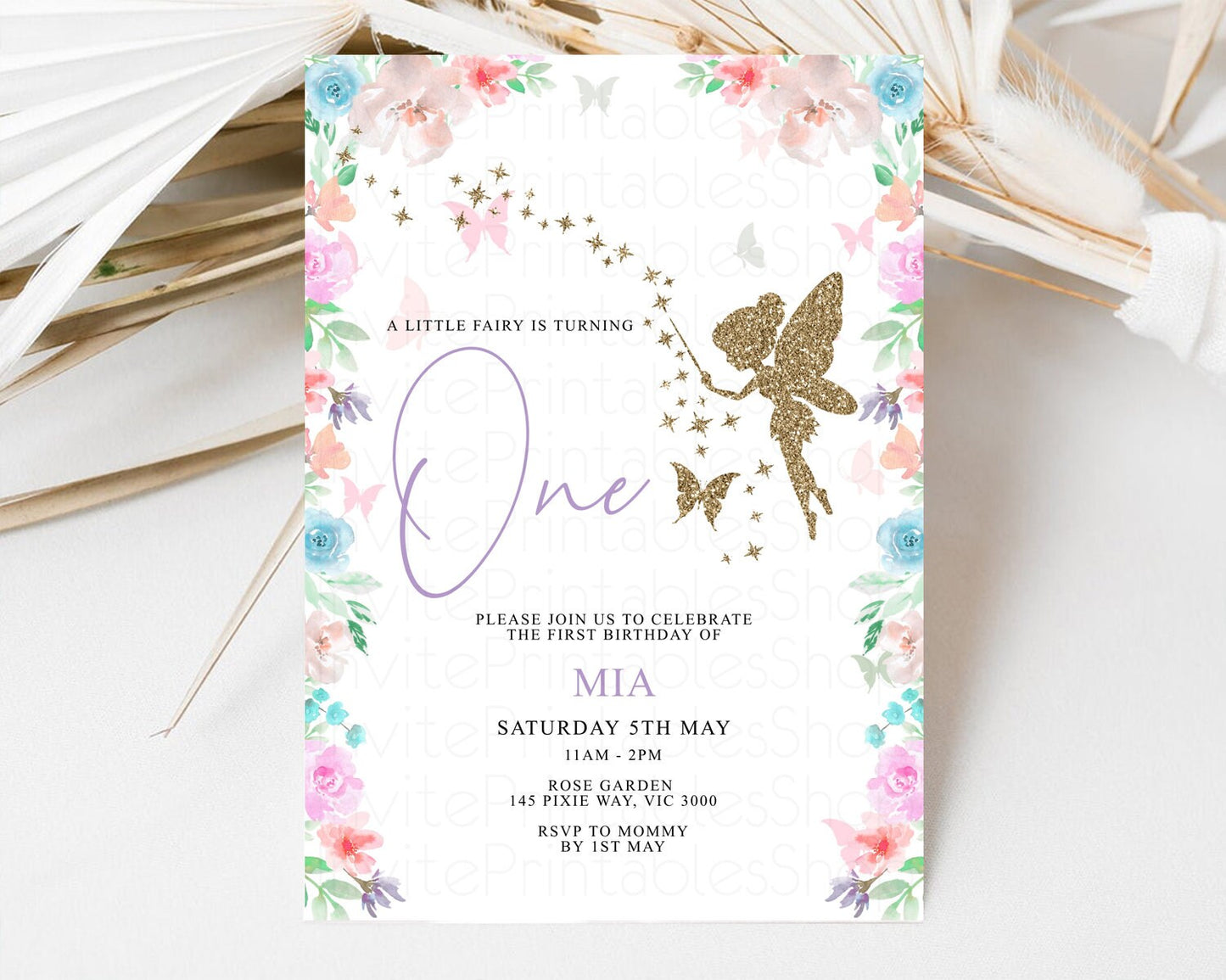 Fairy Birthday Invitation Glitter Fairy Invite Enchanted Garden Fairy Invite Pastel Floral Invite Butterfly Garden Invite 1st 2nd P113