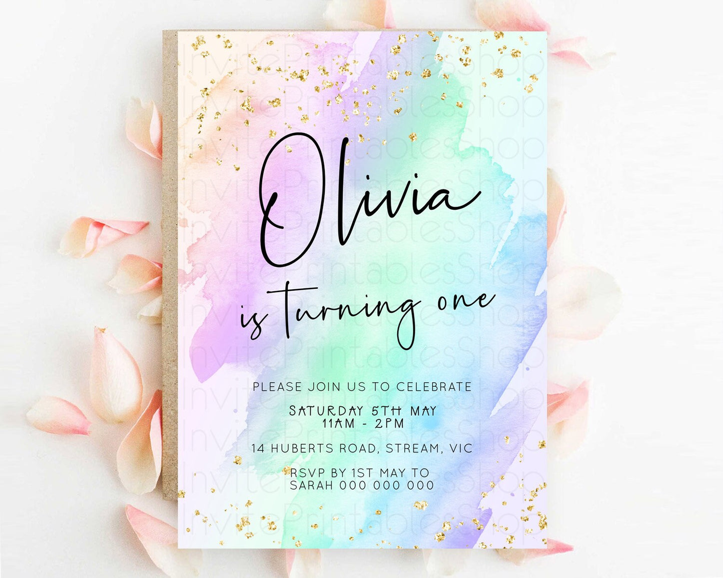 Pastel Birthday Invitation Ombre Watercolor Birthday Invitation Glitter Rainbow Color Splash 1st 2nd 3rd Birthday Invitation D23053