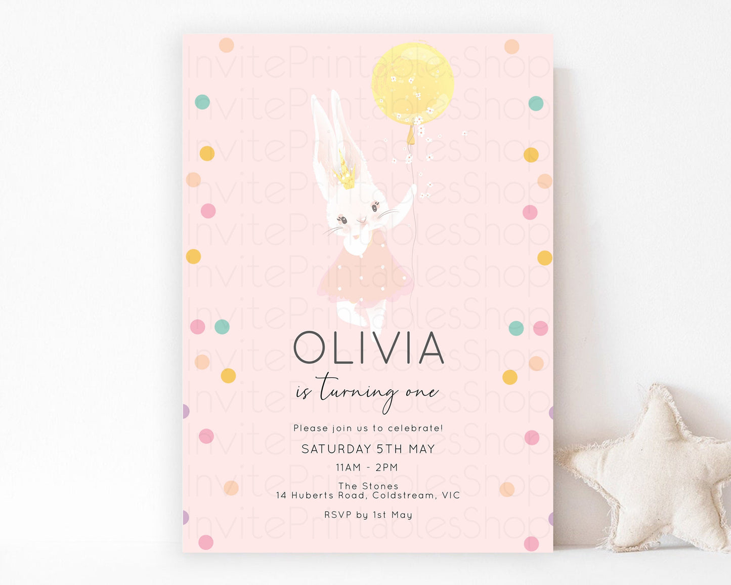 Bunny Birthday Invite Balloon Birthday Invitation Cute Bunny Rabbit Rainbow Sprinkles Confetti Pastel Confetti Pink Yellow 1st 2nd 3rd 141