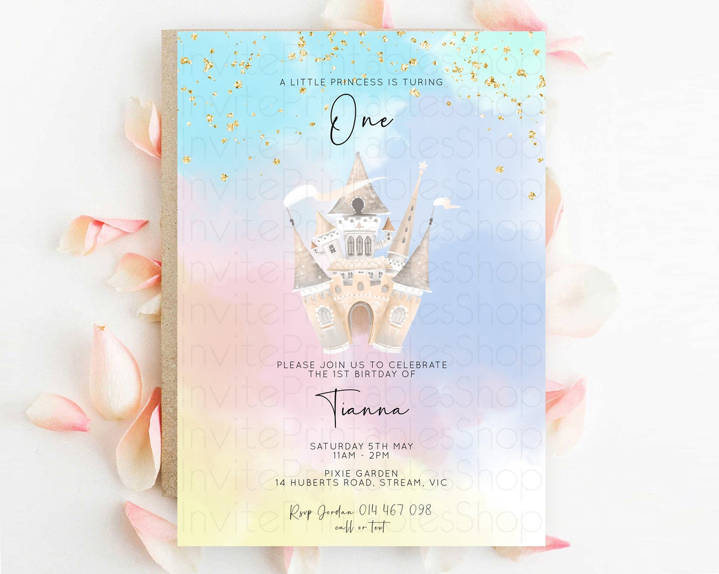 Princess Birthday Invitation Princess Invitation Pastel Invitation Royal Birthday Rainbow Color Enchanted Castle 1st First Birthday D10376