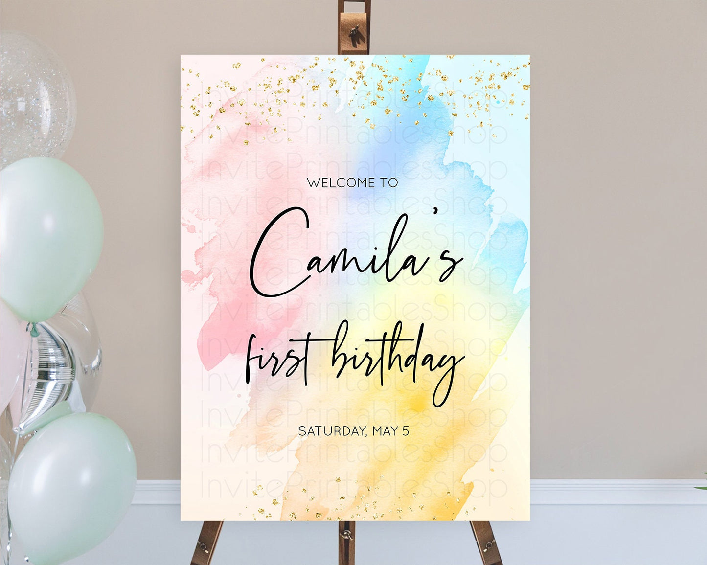 Pastel Welcome Sign Pastel Rainbow Welcome Sign Colorful Rainbow Confetti Watercolor Glitter Pastel First Birthday Welcome Sign D10557