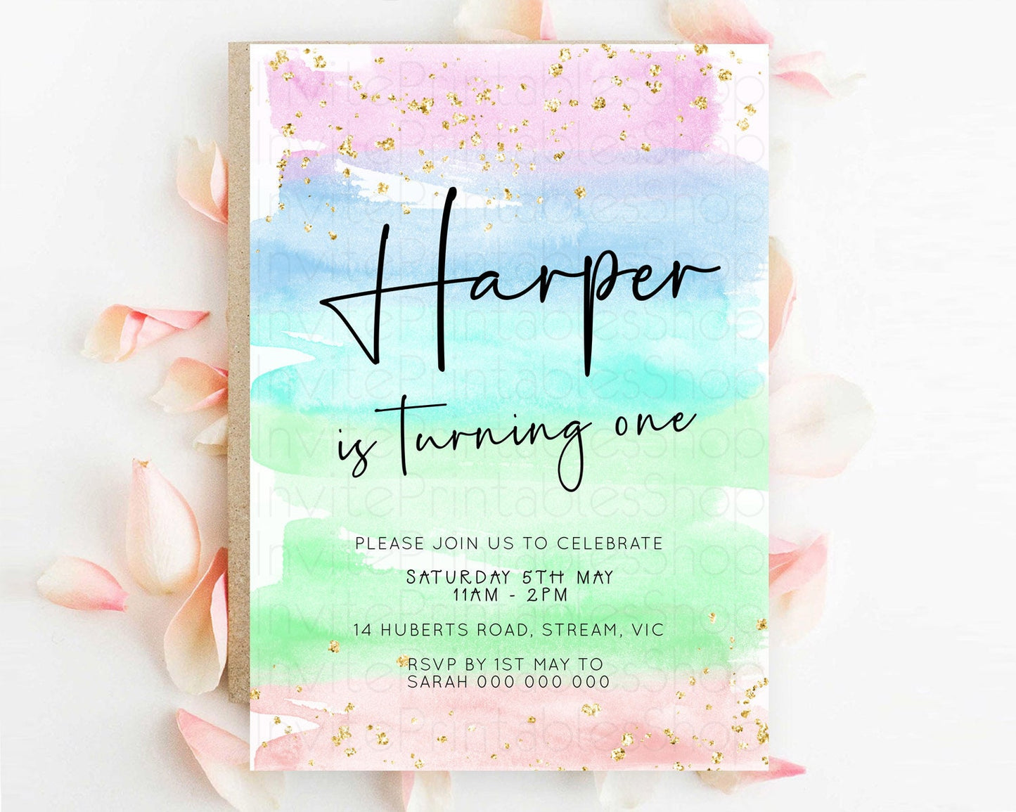 Pastel Birthday Invitation Ombre Watercolor Birthday Invitation Glitter Rainbow Color Splash 1st 2nd 3rd Birthday Invitation D23042