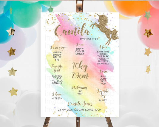 Unicorn Rainbow First Birthday Milestone Poster Pastel Milestone Board Magical Ombre Colorful Watercolor Glitter First Birthday Sign D10498