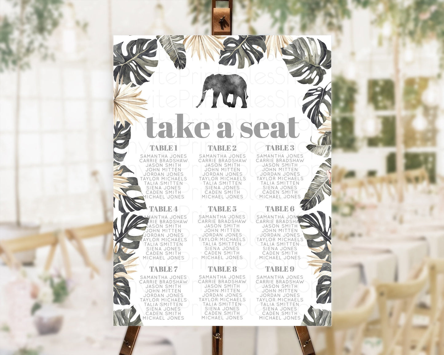 Elephant Seating Chart Elephant Seating Sign Elephant Party Safari Adventure Elephant Take A Seat Elephant Décor Zoo Fern Palm Leaf D10803