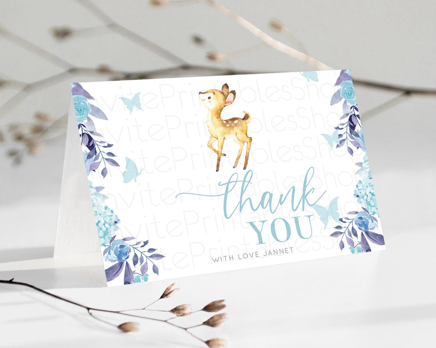 Fawn Thank You Deer Thank You Card Pastel Floral Deer Birthday Thank You Card Enchanted Forest Butterfly Deer Teacher Thank You Card D10917