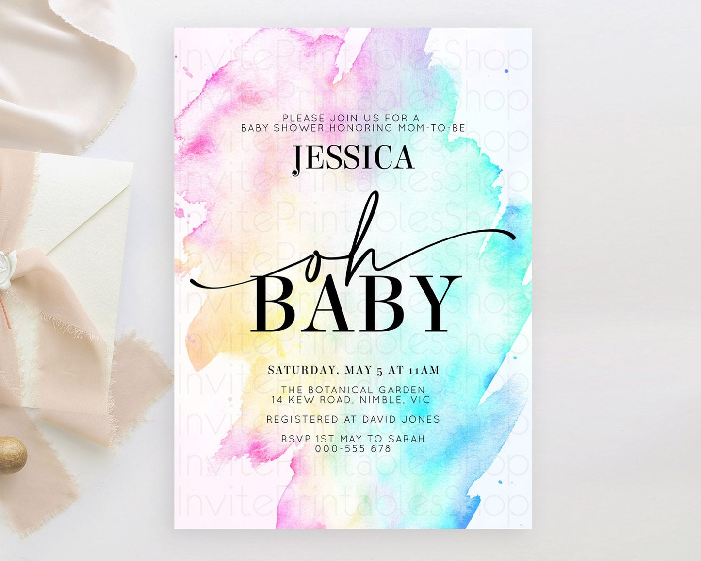 Pastel Baby Shower Invitation Rainbow Baby Shower Invitation Colorful Pastel Watercolor Invitation Gold Glitter Sprinkles Ombre D11020