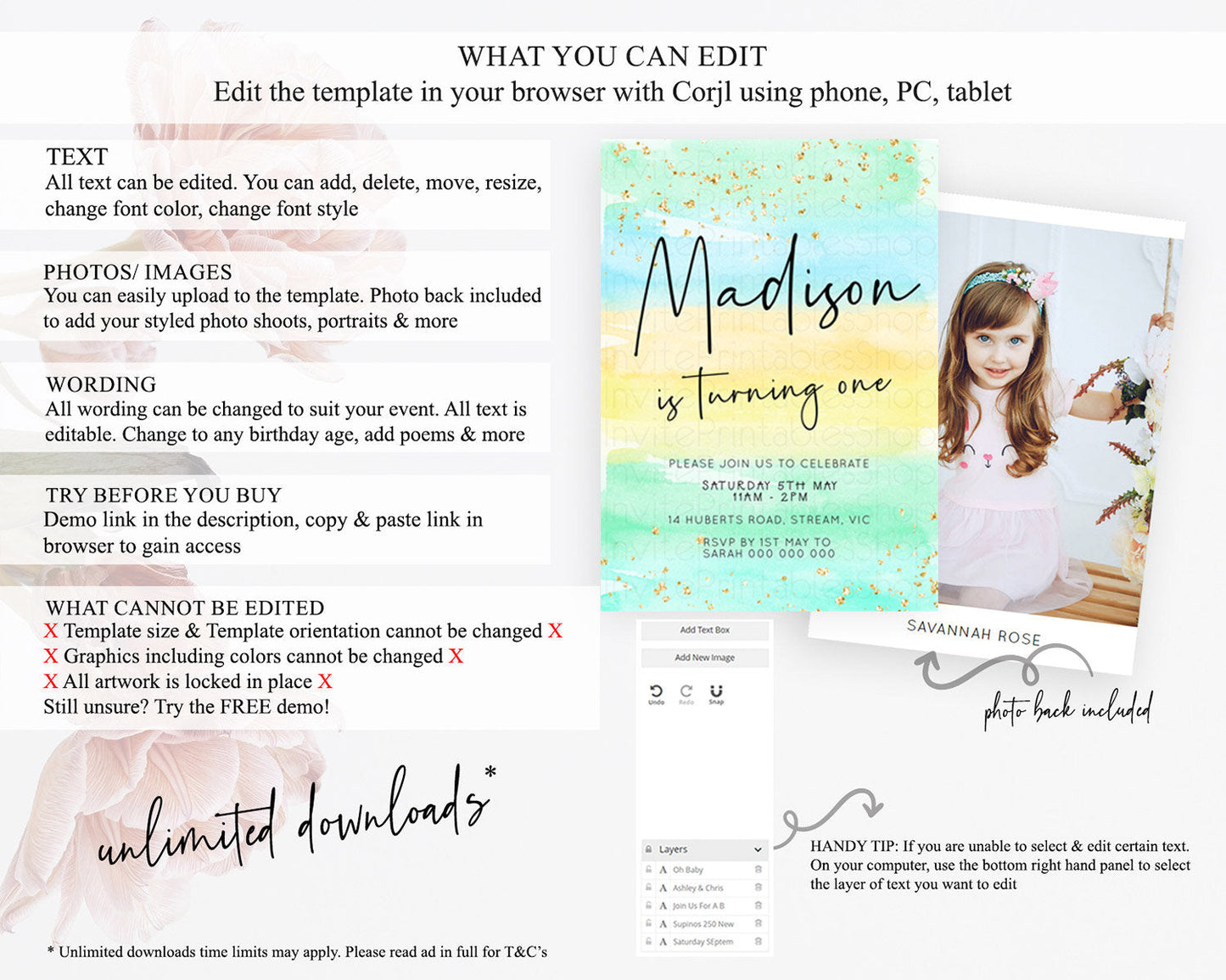 Pastel Birthday Invitation Ombre Watercolor Birthday Invitation Glitter Rainbow Color Splash 1st 2nd 3rd Birthday Invitation D23038