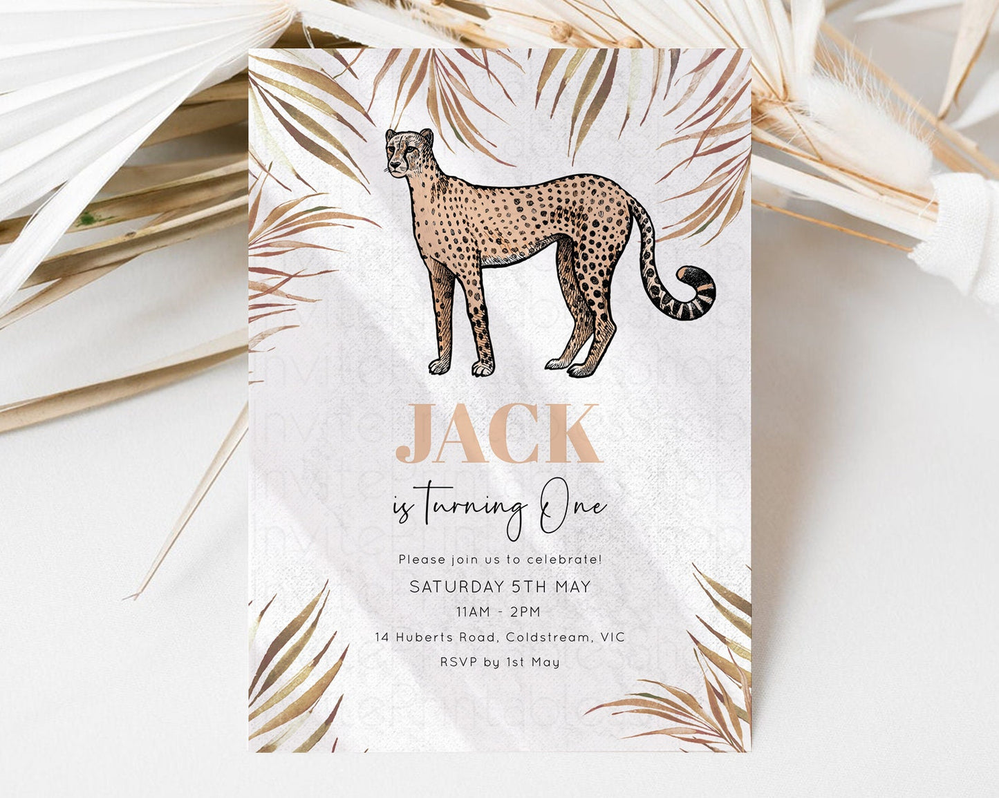 Cheetah Birthday Invitation Cheetah Invite Dried Tropical Palms Leaf Jungle Safari Adventure Zoo Party Wild Party Animal Custom Editable 287