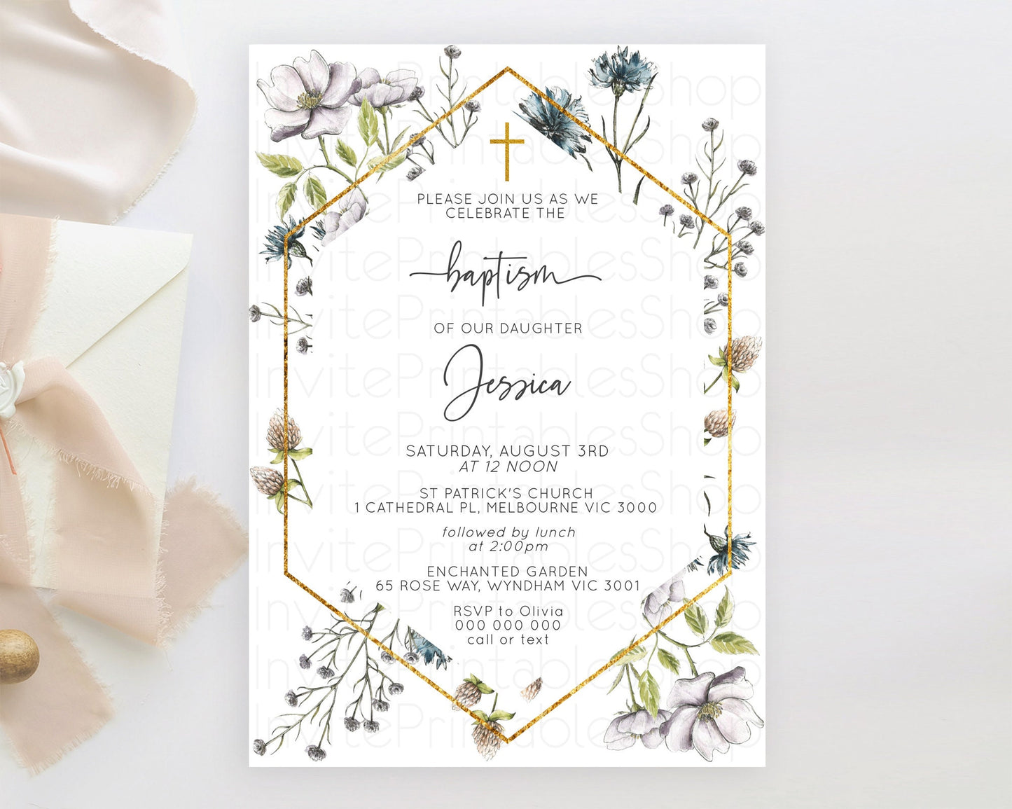 Secret Garden Baptism Invitation Wildflower Baptism Birthday Invite Pastel Flowers Christening Invite Enchanted Garden Boho Floral  D11002