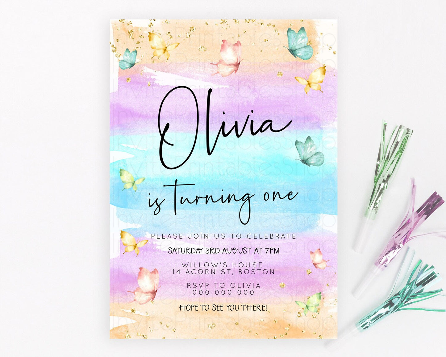 Pastel Butterfly Birthday Invitation Butterfly Birthday Invitation Whimsical Butterfly Enchanted Garden 1st 2nd Birthday Invitation D23178