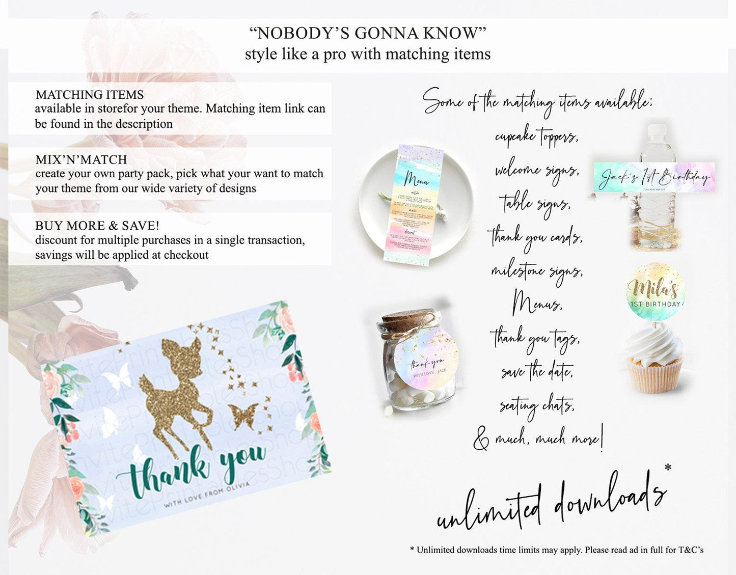 Fawn Thank You Deer Thank You Card Pastel Floral Deer Birthday Thank You Card Enchanted Forest Butterfly Deer Teacher Thank You Card D10875