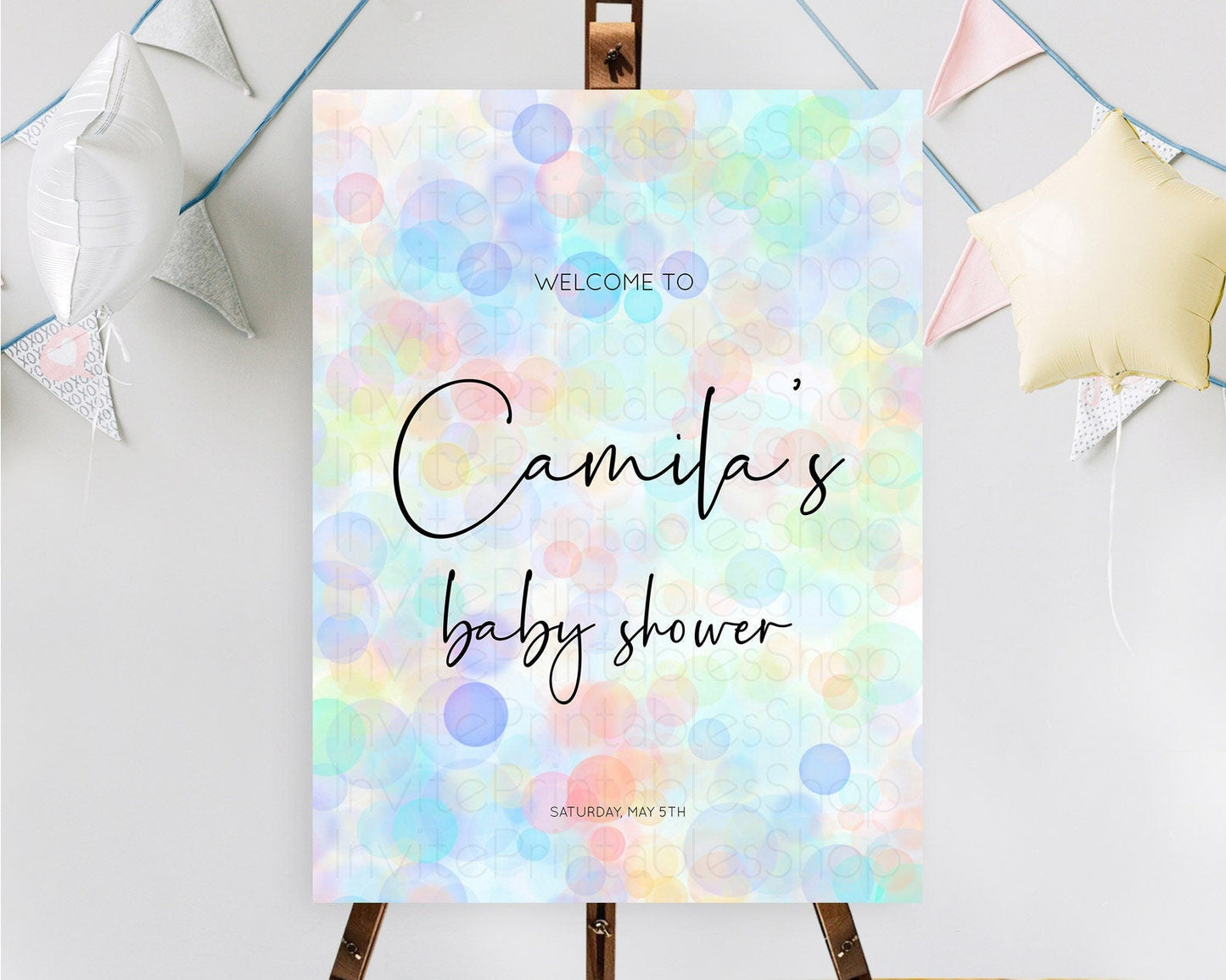 Pastel Baby Shower Welcome Sign Bubble Bath Baby Shower Party Rainbow Welcome Board Pastel Bubbles Colorful Confetti Welcome Poster D10445
