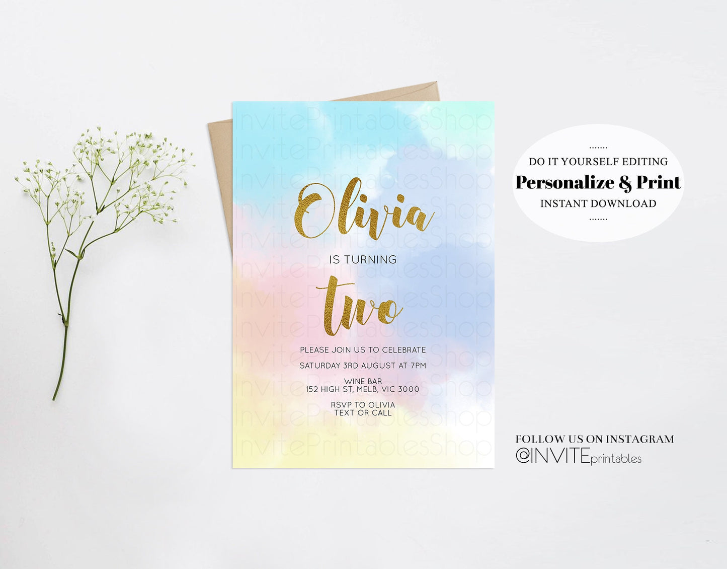 Rainbow Birthday Invitation Pastel Rainbow Invitation Colorful Pastel Rainbow Ombre Watercolor Gold Foil Glitter Sprinkles 1st 2nd 3rd