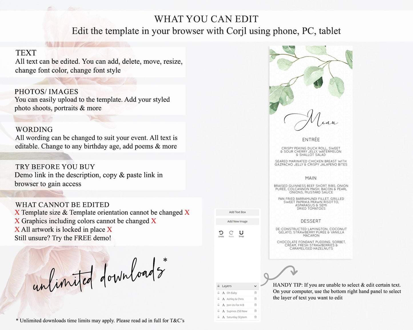 Leafy Menu Green Leaf Menu Template Eucalyptus Fern Leaves Decor Watercolor Boho Garden Leaf Branch Dinner Dessert Party Food Menu D11054