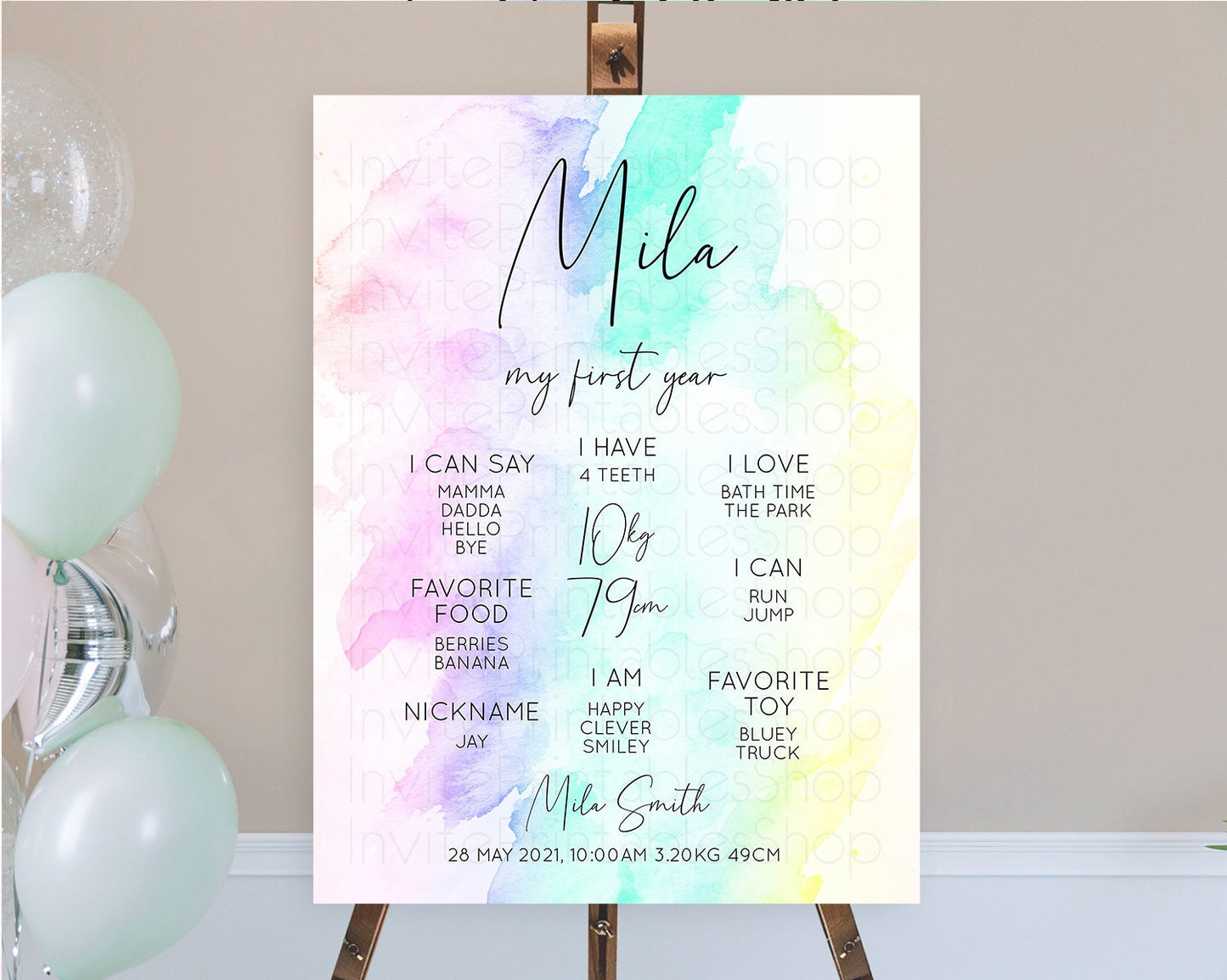 Pastel First Birthday Milestone Board Pastel Rainbow Milestone Poster Colorful Confetti Watercolor Glitter 1st Birthday Welcome Sign D10231