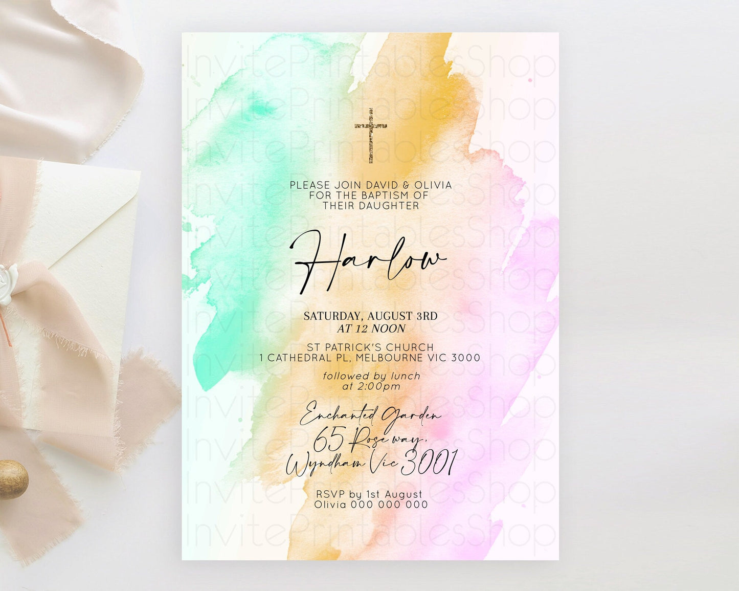 Pastel Baptism Invitation Pastel Colors Watercolor Baptism 1st Birthday Party Gold Ombre Pastel Rainbow Christening Holy Communion D10962