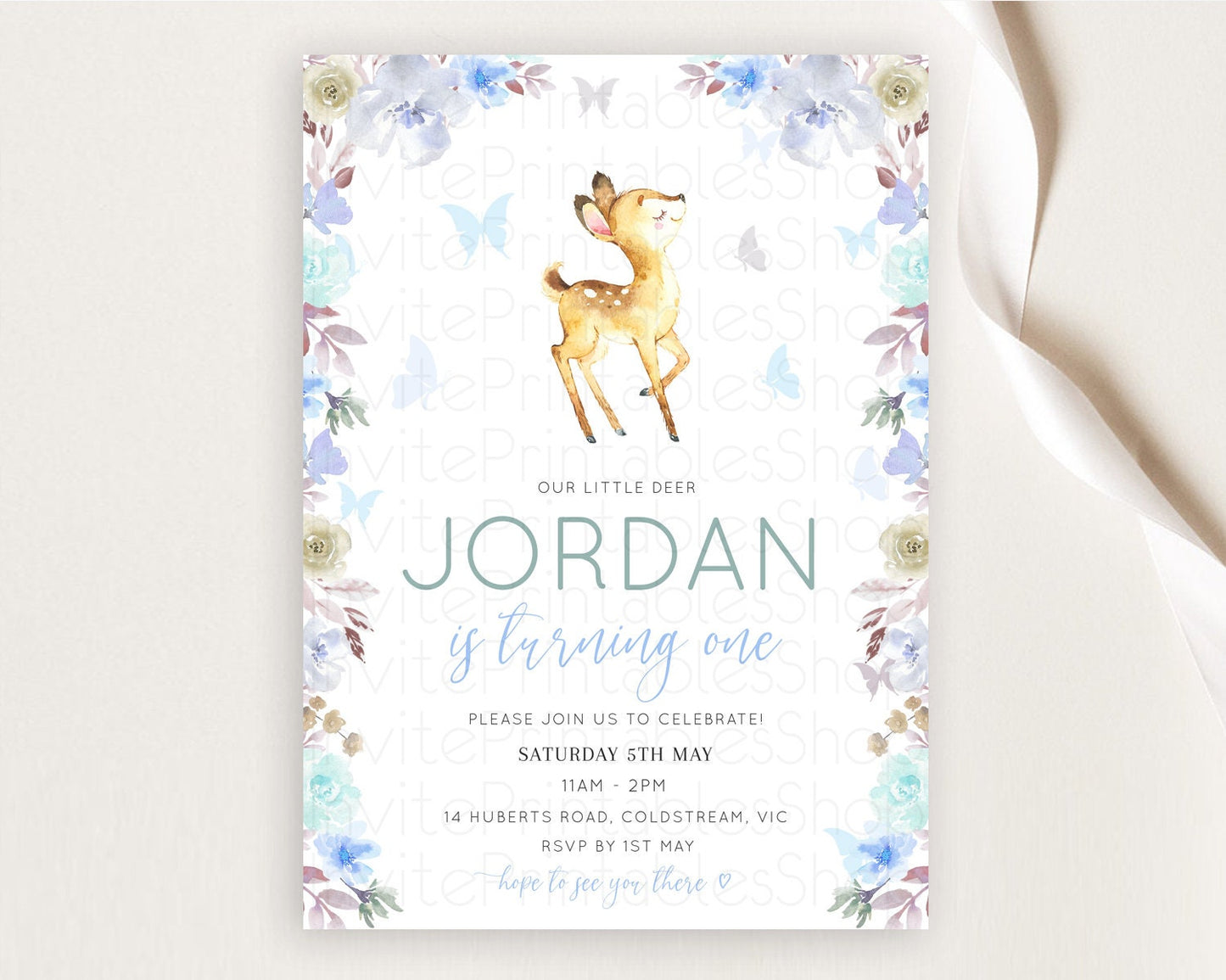 Fawn Birthday Invitation Deer Birthday Invitation Enchanted Forest Party Butterfly Pastel Flowers Whimsical 2nd 1st First Birthday D10960