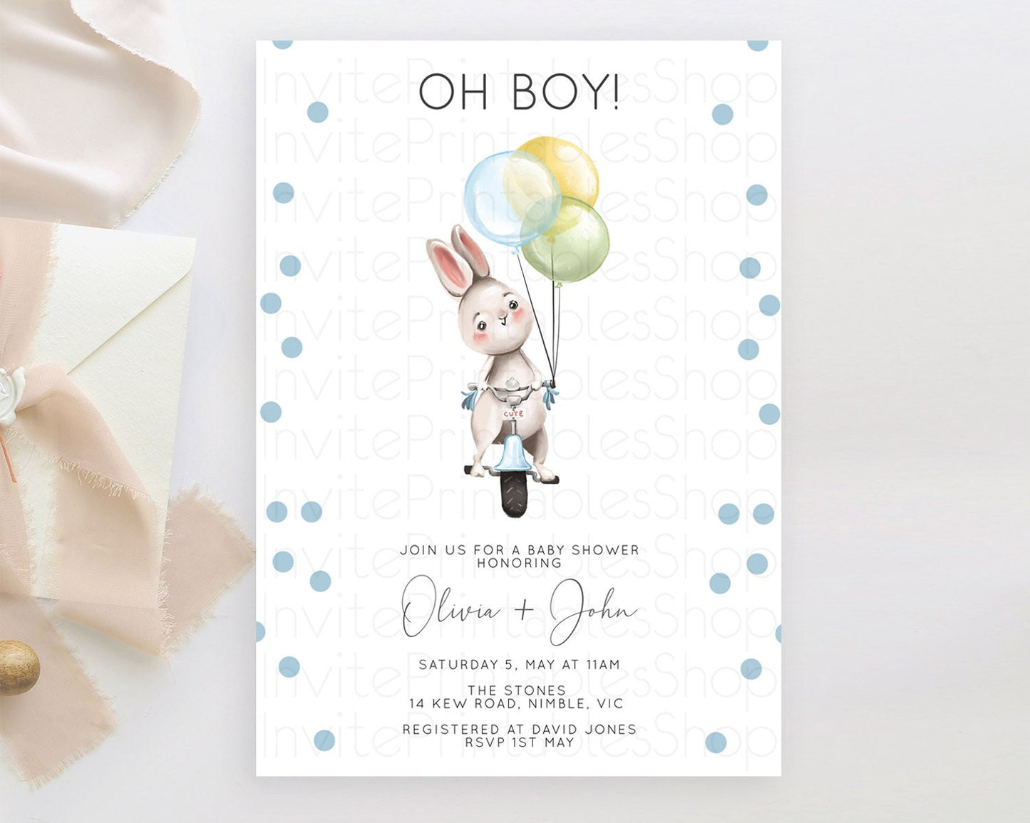 Bunny Baby Shower Invitation, Cute Rabbit Holding Balloons On a Trike with Colorful Confetti, Pastel Blue, Green, Yellow Theme Oh Boy D10783