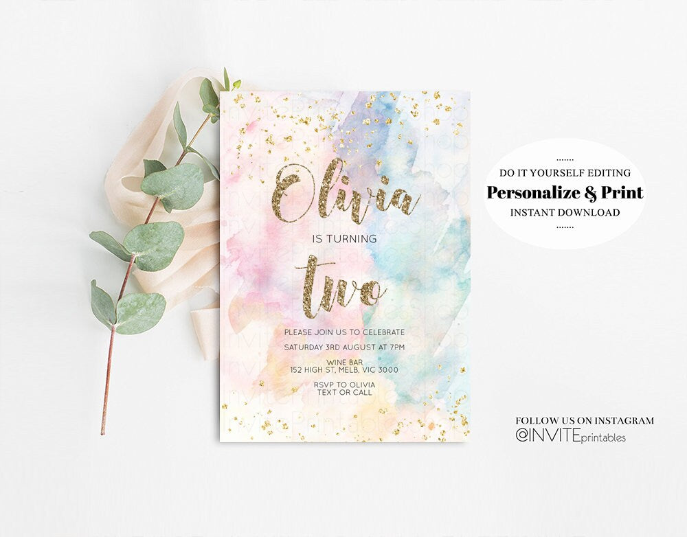Rainbow Birthday Invitation Glitter Pastel Invitation Colorful Watercolor Gold Foil Splatter Sprinkles Ombre 1st 2nd 3rd Editable Invite 276