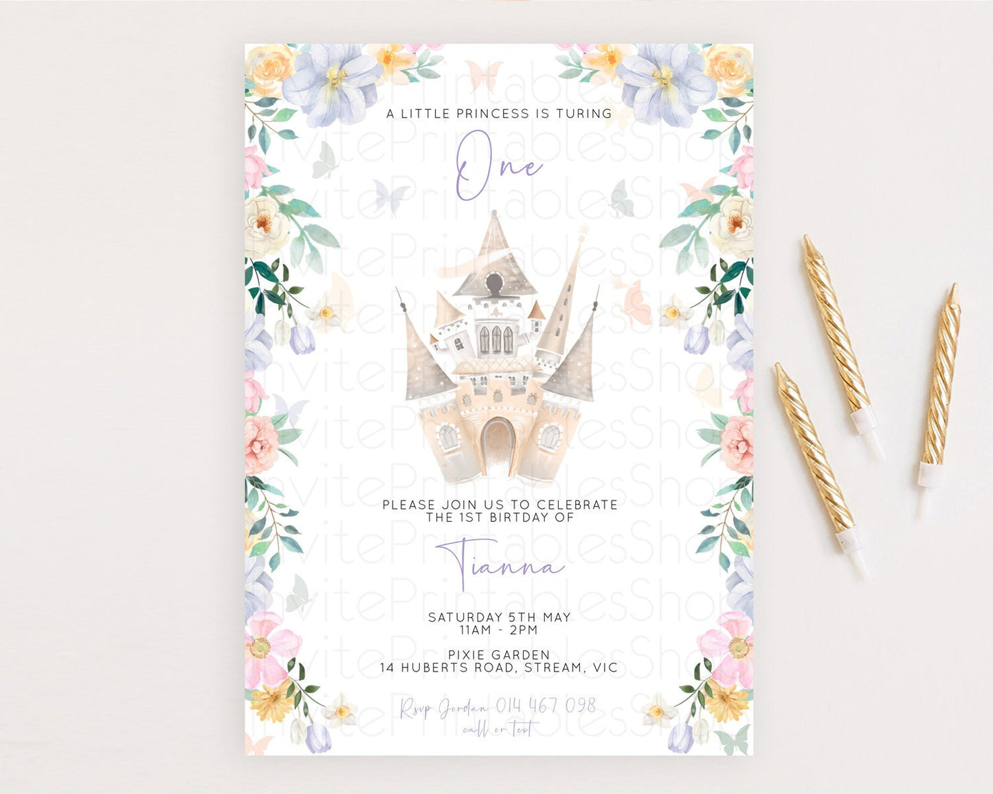 Princess Birthday Invitation Castle Invitation Royal Birthday Fairy Tale Enchanted Castle Pastel Floral Garden 1st First Birthday D10473