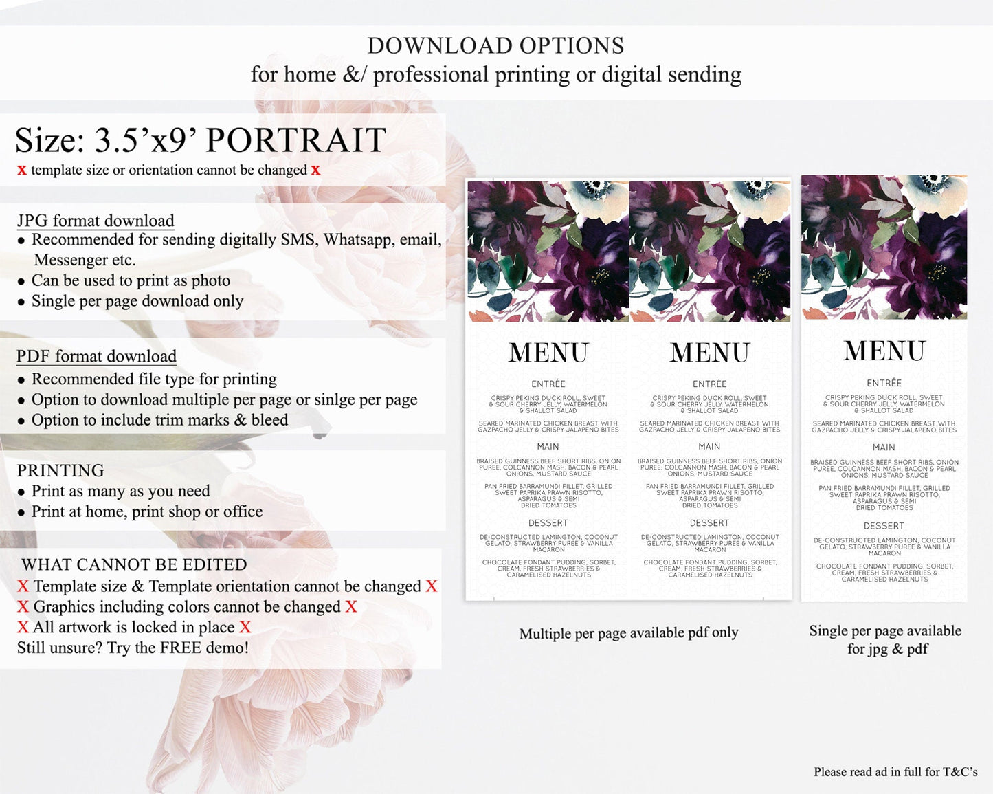Secret Garden Menu Wildflower Menu Template Pastel Flower Garden Table Decor Boho Floral Dinner Dessert Floral Party Food Menu D11062