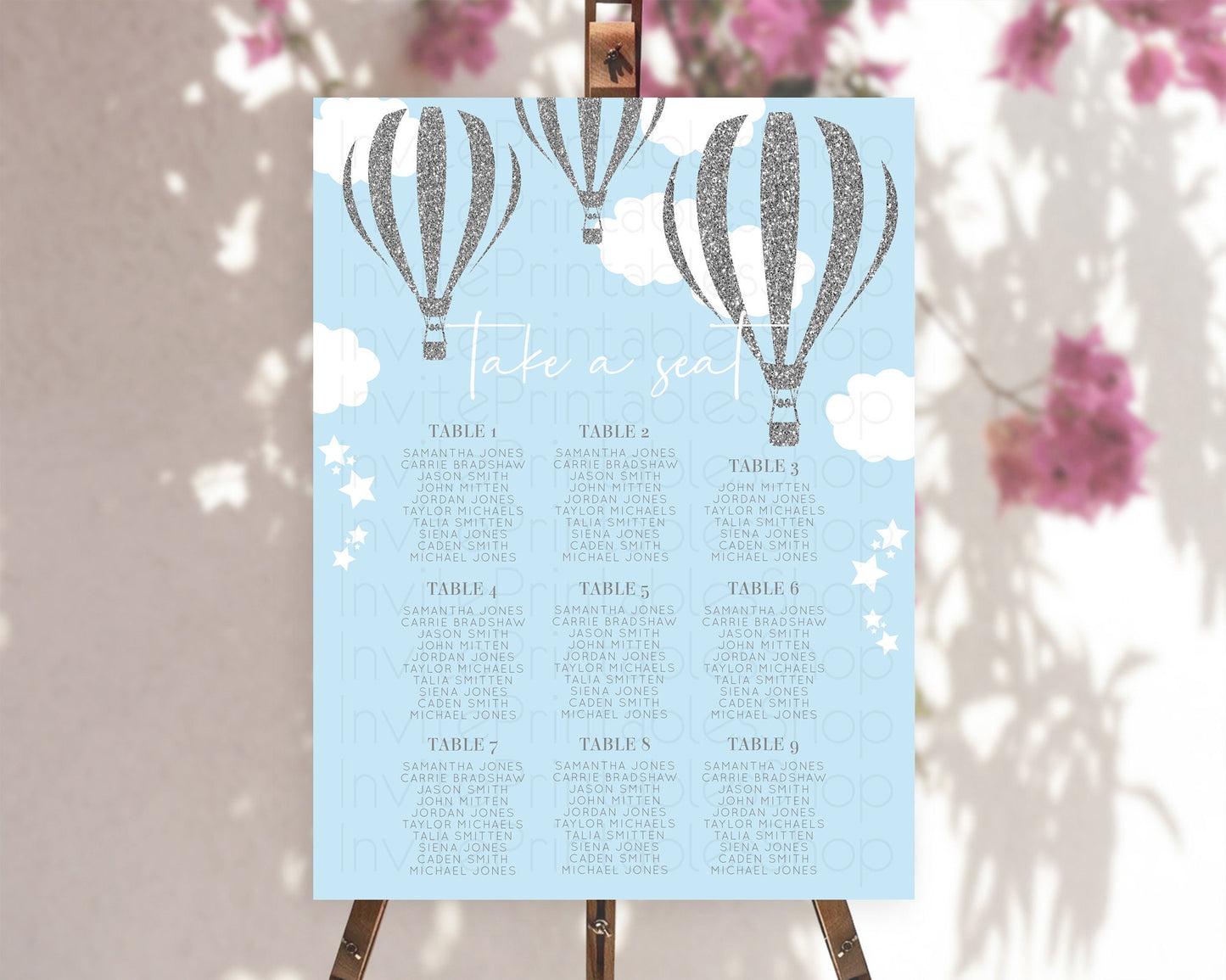 Hot Air Balloon Seating Chart Hot Air Balloon Seating Chart Adventure Awaits Up & Away Glitter Blue Watercolor Seating Take a Seat D10335