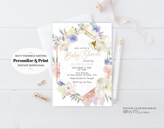 Editable Fairy Baby Shower Invitation Enchanted Baby Shower Tinker Bell Gold