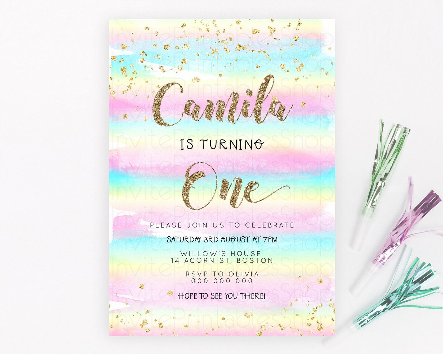 Rainbow Birthday Invitation Colorful Pastel Watercolor Invitation Gold Glitter Sprinkles Ombre Pastel 1st 2nd 3rd Birthday D23265