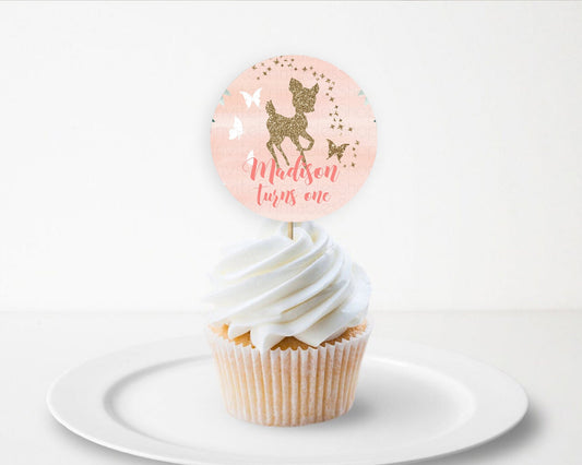 Fawn Cupcake Toppers Deer Cupcake Toppers Enchanted Forest Party Butterfly Pastel Flowers Woofland Cupcake Toppers First Birthday D10873