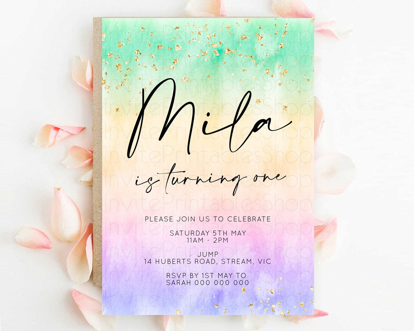 Rainbow Birthday Invitation Colorful Pastel Watercolor Invitation Gold Glitter Sprinkles Ombre Pastel 1st 2nd 3rd Birthday D10481