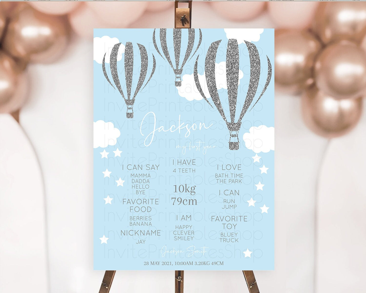 Hot Air Balloon First Birthday Milestone Poster Hot Air Balloon Milestone Board Adventure Awaits Blue Watercolor 1st Birthday Boy D10335