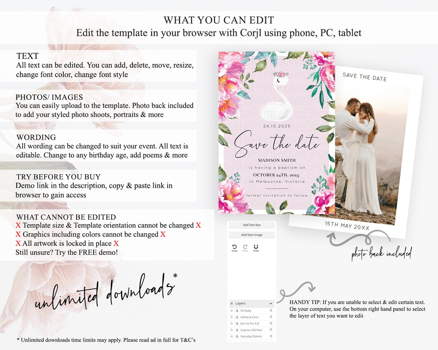 Swan Save The Date Template Swan Princess Ballet Party Enchanted Swan Lake Secret Garden Pastel Floral Birthday Baptism Baby Shower D10757