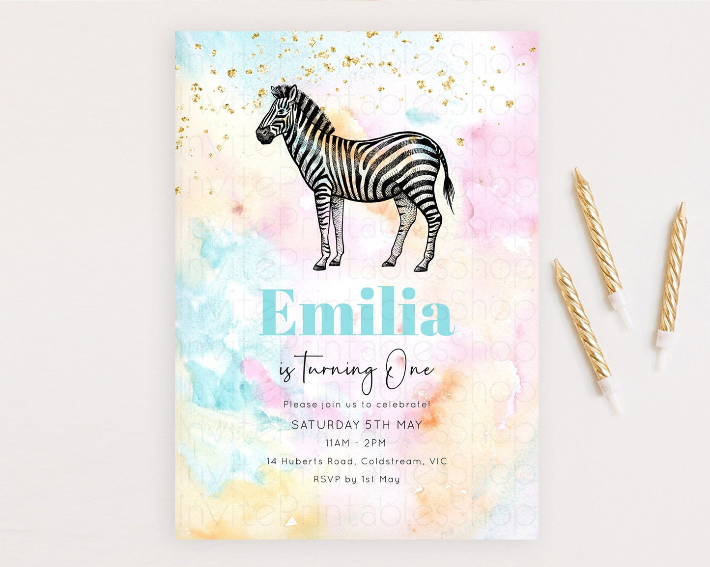 Pastel Zebra Birthday Invitation Pastel Zebra Invite Rainbow Zebra Invitation Colorful Watercolor Invite Safari Zoo Glitter Invite D10281