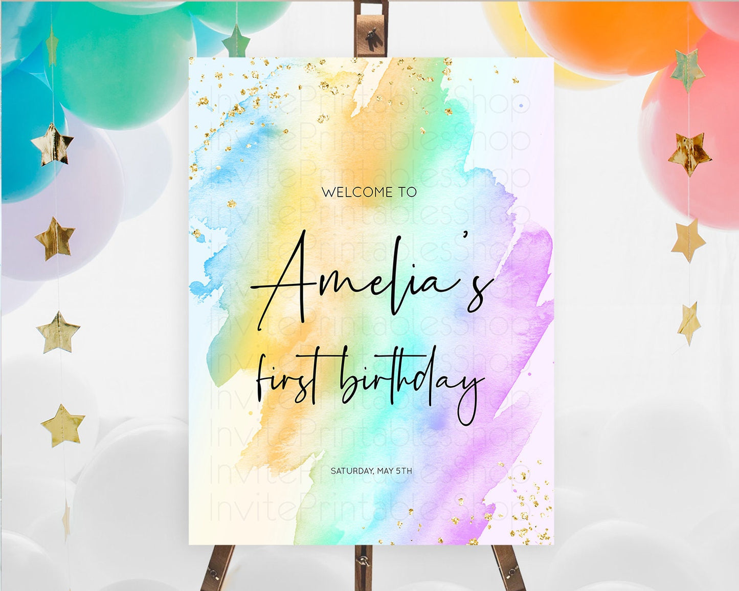 Pastel Welcome Sign Pastel Rainbow Welcome Sign Colorful Rainbow Confetti Watercolor Glitter Pastel First Birthday Welcome Sign D10427