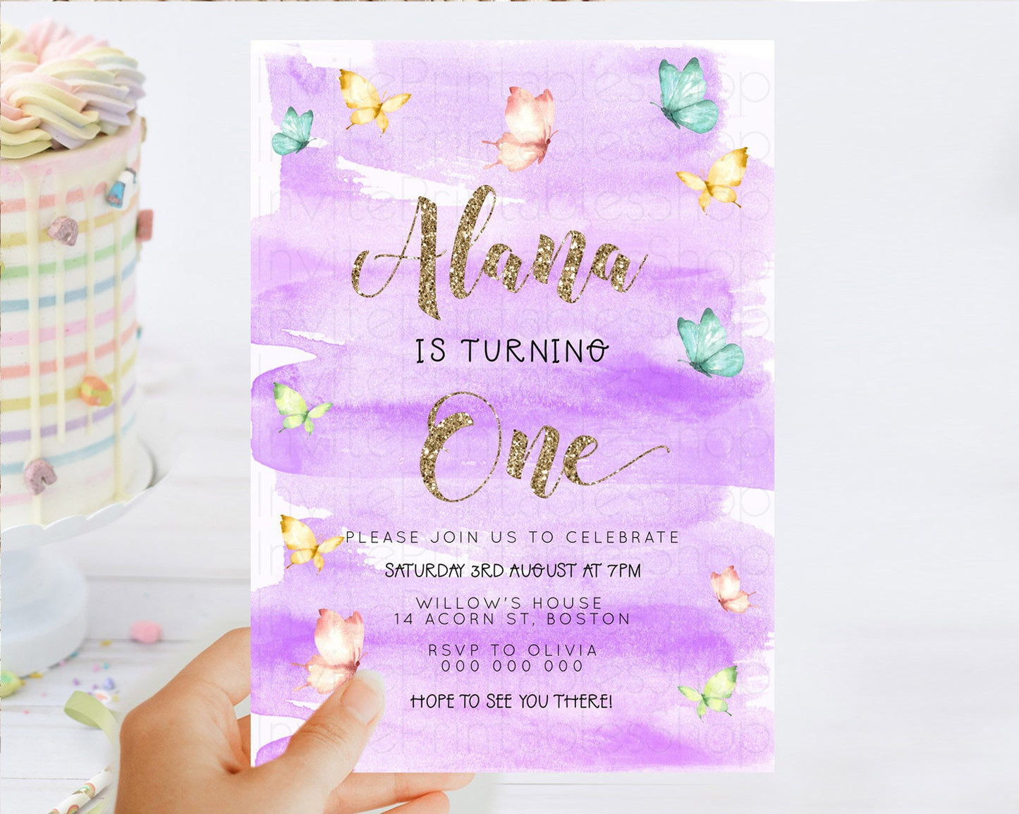 Pastel Butterfly Birthday Invitation Butterfly Birthday Invitation Colorful Splash Glitter Butterfly Garden 1st 2nd Birthday D23233