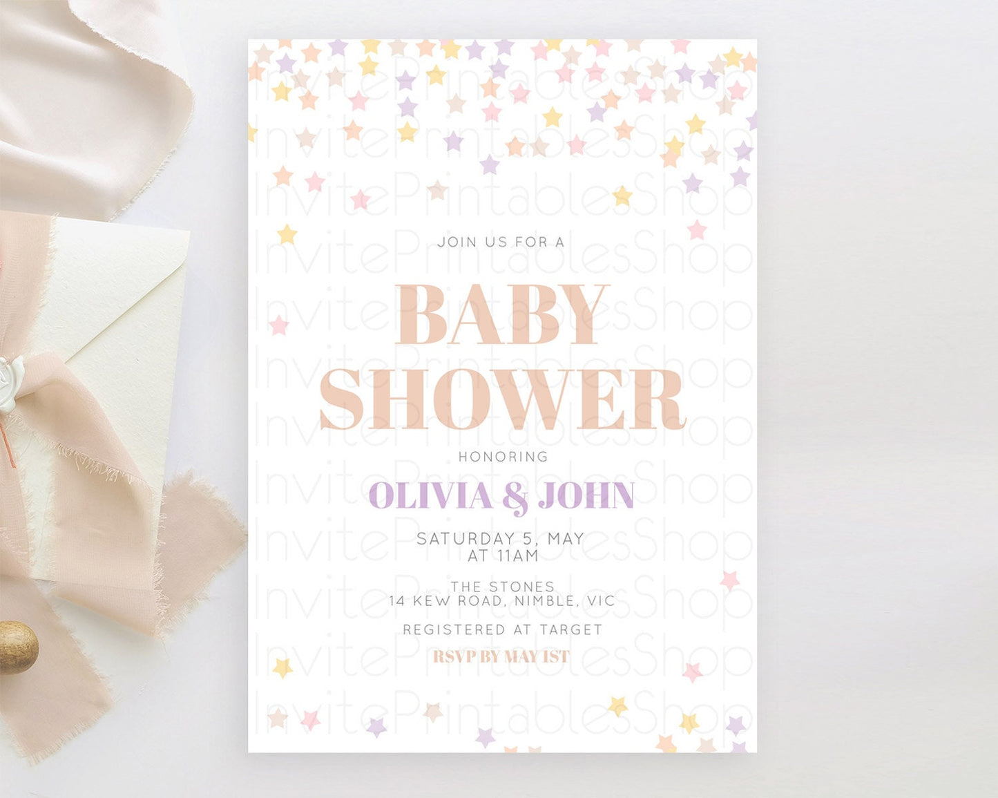 Twinkle Star Baby Shower Invitation, Star Invitation, Soft Pastel Orange and Purple Confetti Stars Twinkle Theme for Gender Reveal D10810