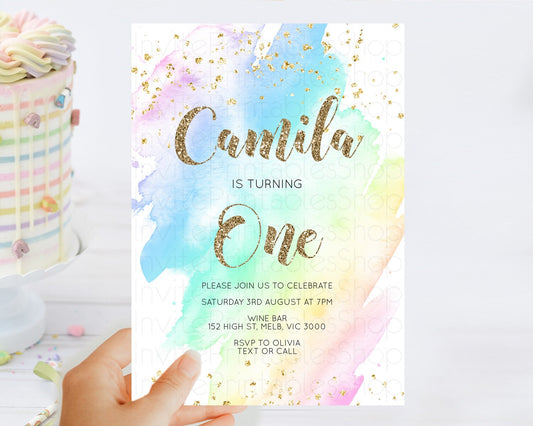 Rainbow Birthday Invitation Colorful Pastel Watercolor Invitation Gold Glitter Sprinkles Ombre Pastel 1st 2nd 3rd Birthday D10637