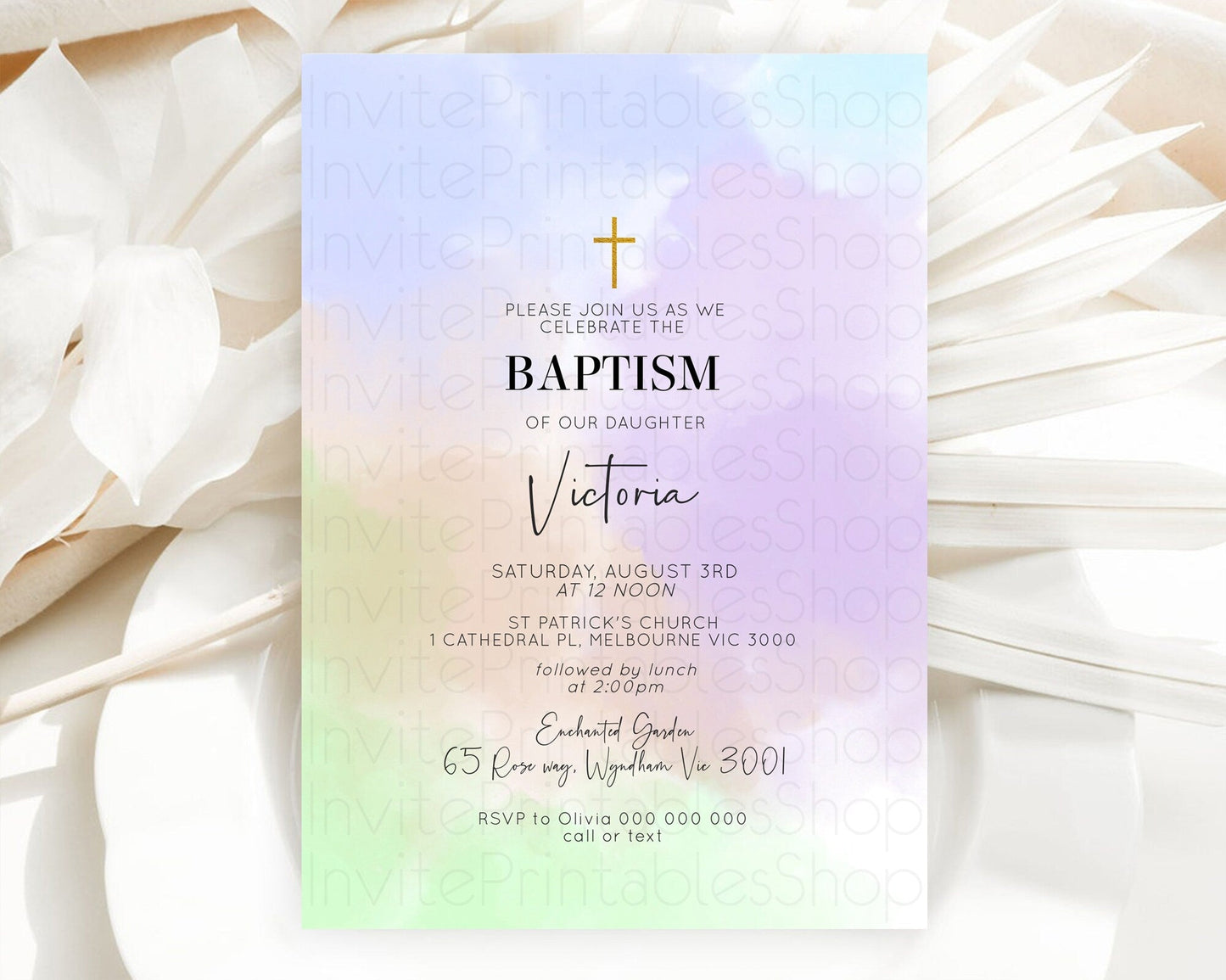 Pastel Baptism Invitation Pastel Colors Watercolor Baptism 1st Birthday Party Gold Ombre Pastel Rainbow Christening Holy Communion D10371