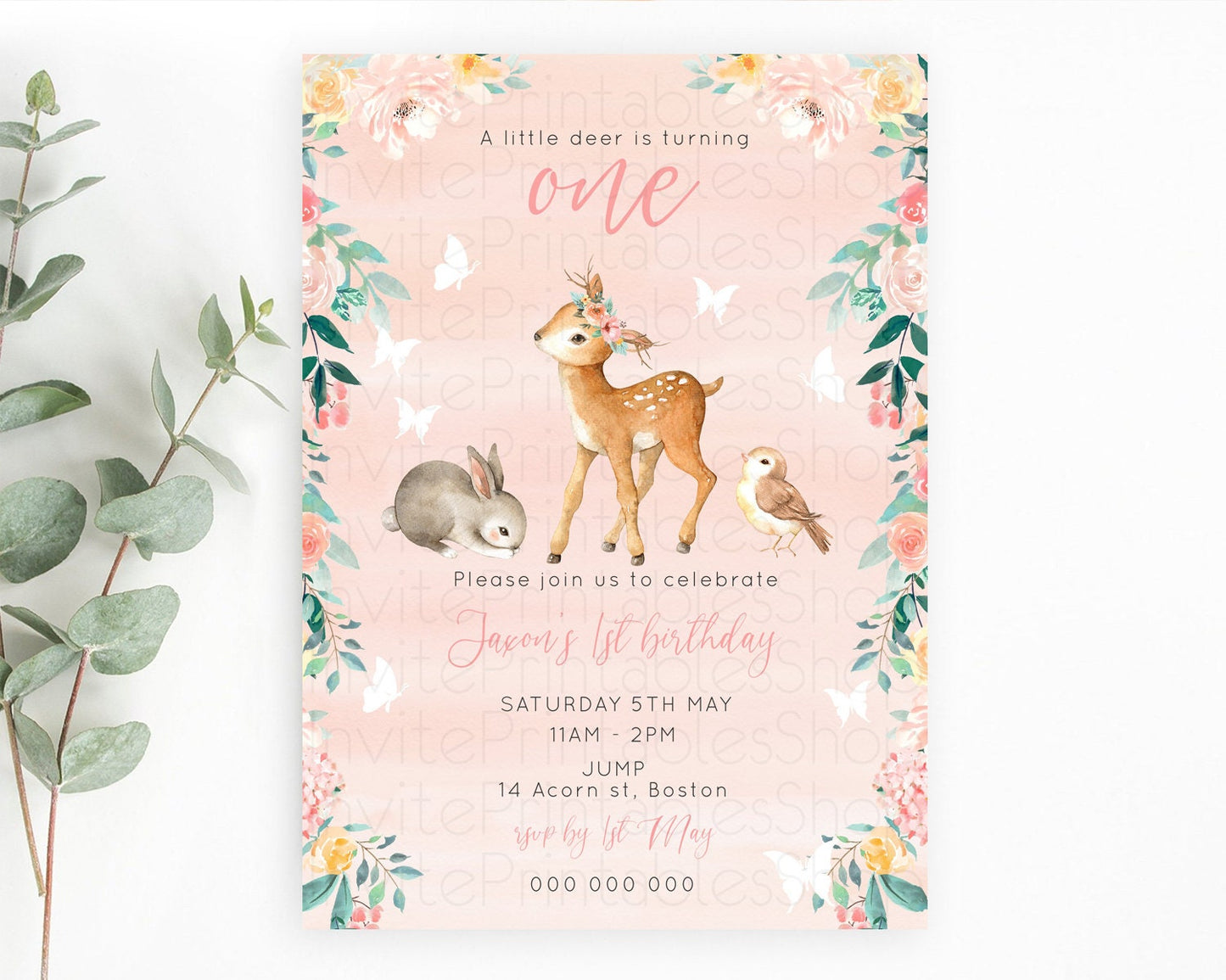 Fawn Birthday Invitation Deer Birthday Invitation Enchanted Forest Party Butterfly Pastel Flowers Whimsical 2nd 1st First Birthday D10921