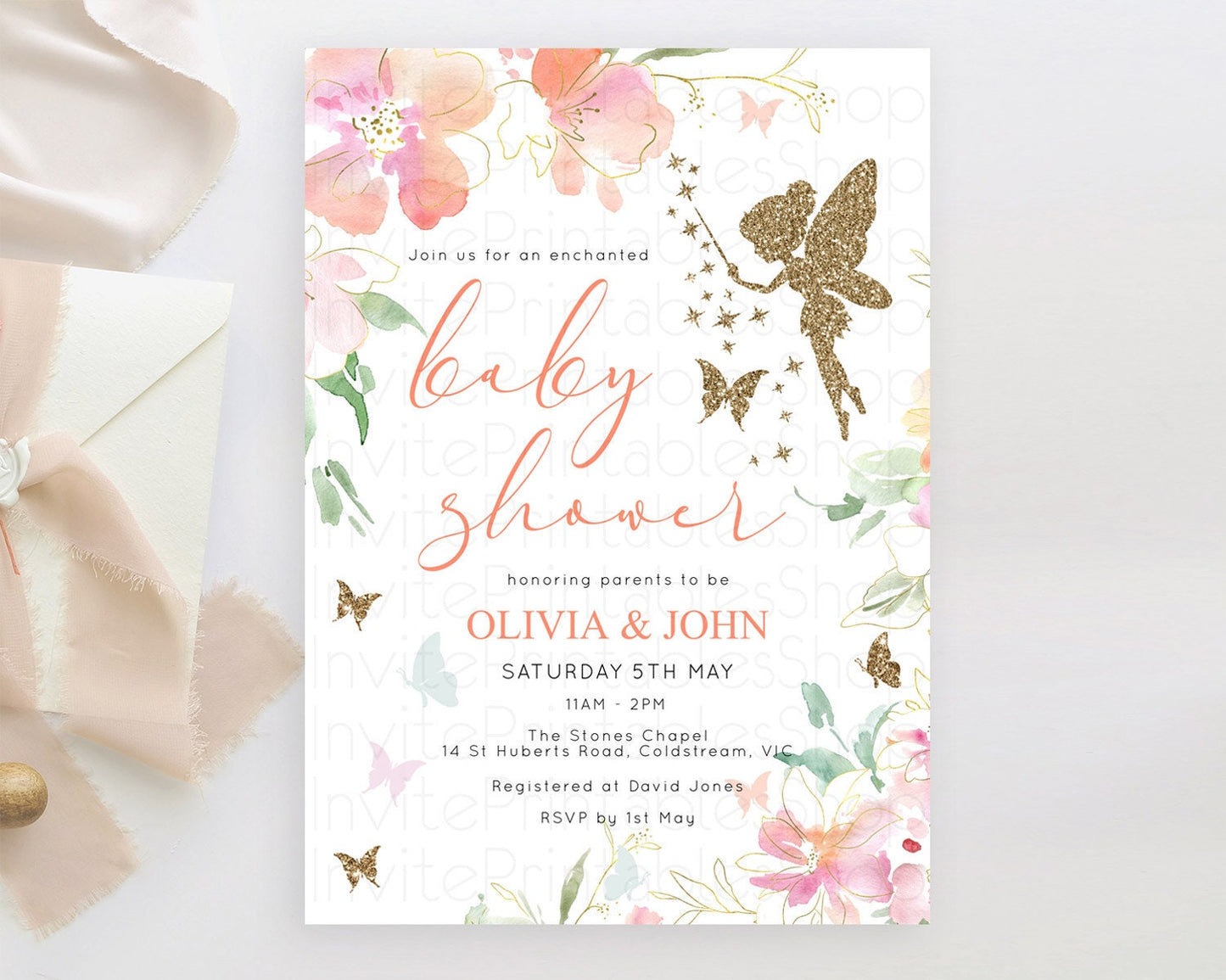 Fairy Baby Shower Invitation, Enchanted Fairy Garden, Tea Party, Secret Garden, Pastel Floral Butterflies, Pink Flowers, Gold Accents D10934