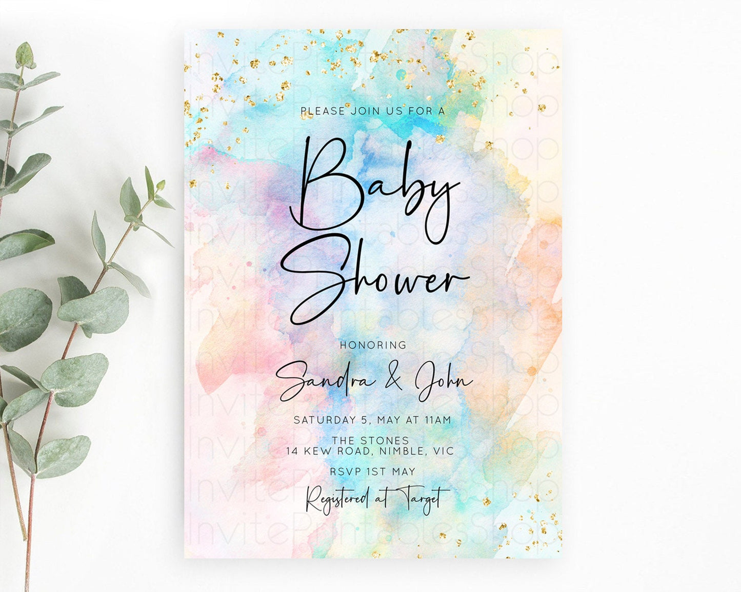 Pastel Baby Shower Invitation, Pastel Watercolor with Gold Glitter Sprinkles, Colorful Rainbow - Teal Orange Pink Ombre Splash D10266