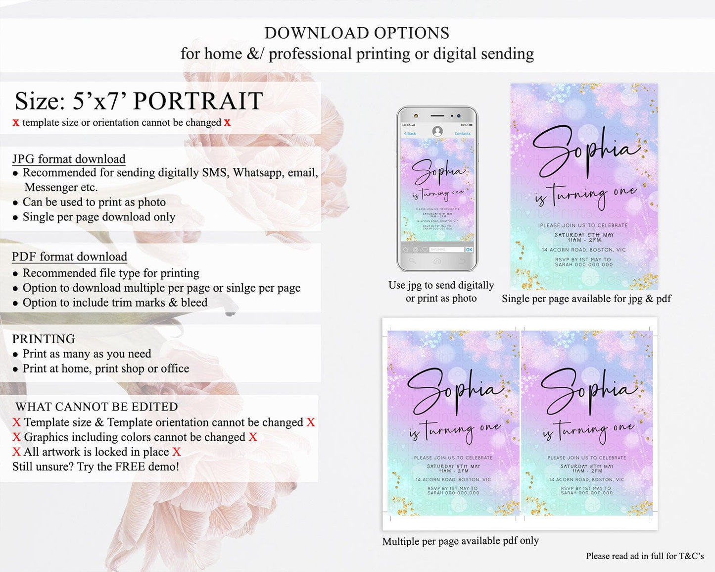 Pastel Birthday Invitation Ombre Watercolor Birthday Invitation Glitter Rainbow Color Splash 1st 2nd 3rd Birthday Invitation D23109