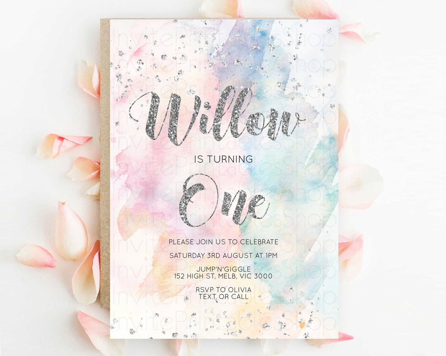 Rainbow Birthday Invitation Colorful Pastel Watercolor Silver Glitter Sprinkles Ombre Pastel Invitation 1st 2nd 3rd First Birthday D10944