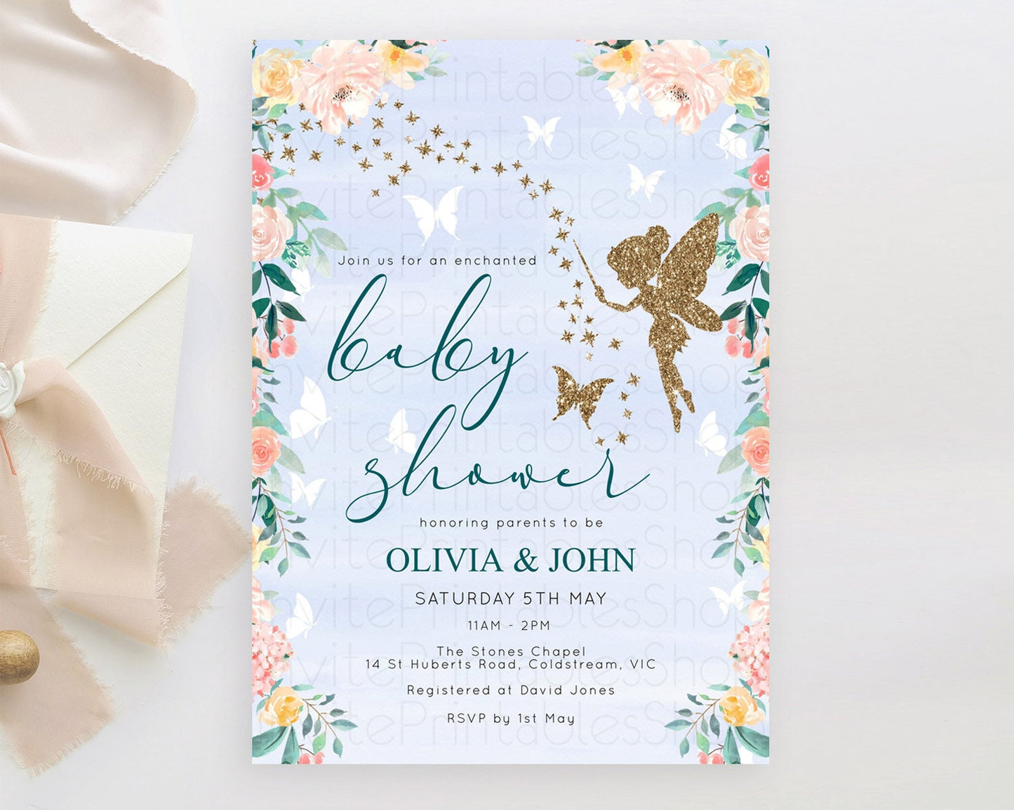 Fairy Baby Shower Invitation, Secret Garden, Fairy Garden Party, Magical Butterflies, Pink Orange Greenery, Floral, Blue Watercolor D10794